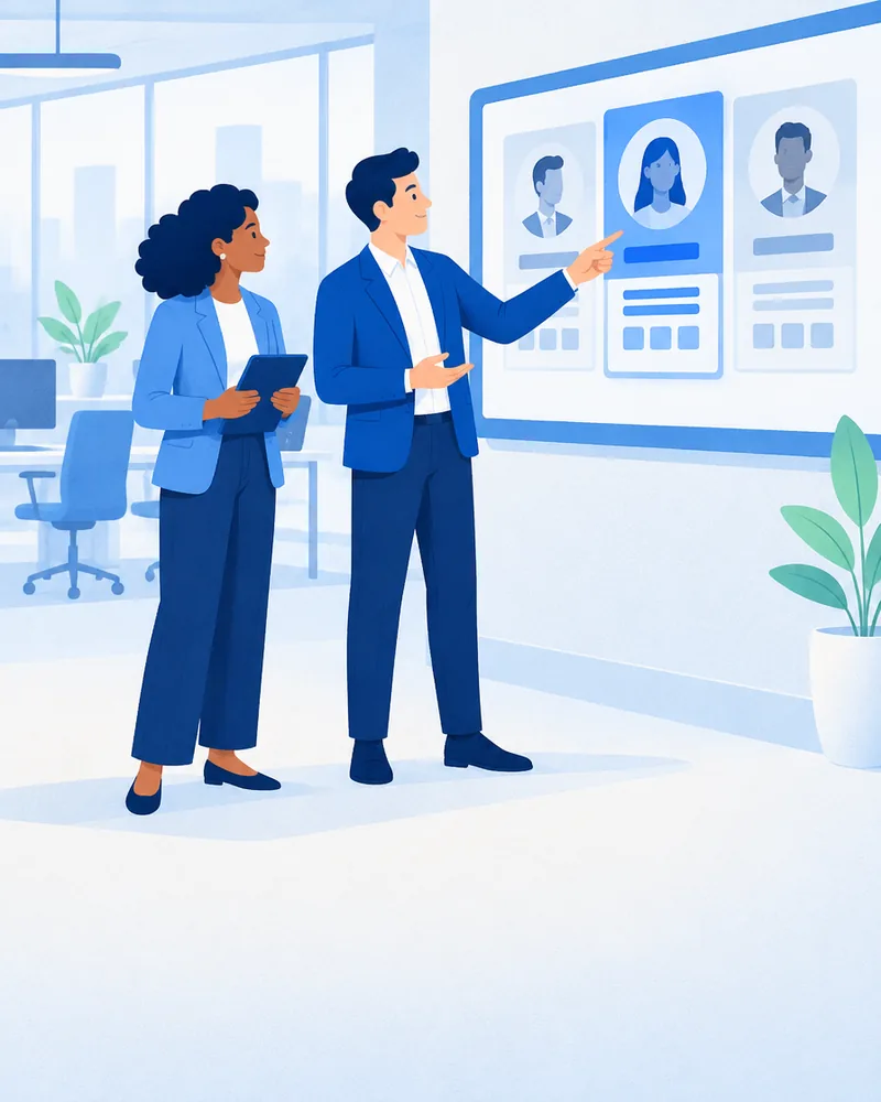 Two recruiters looking at a board of profiles