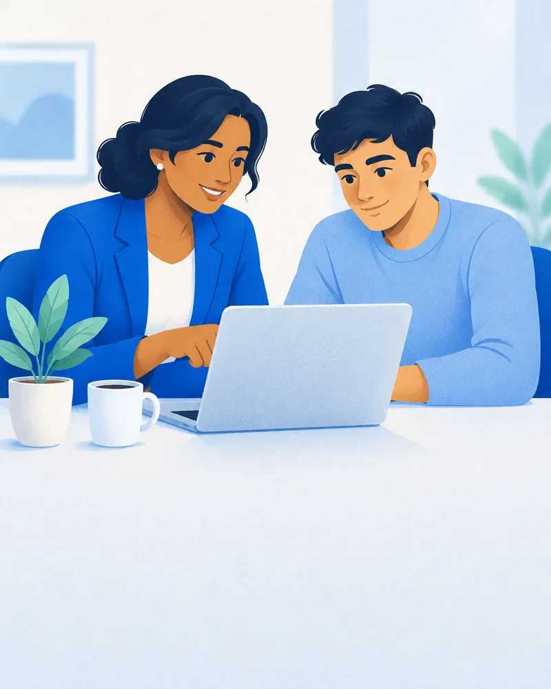 An adviser and a young person at a computer
